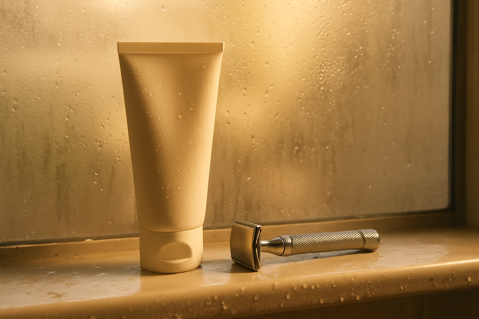 Shave cream tube and razor resting on a wet shower shelf with steam in the background