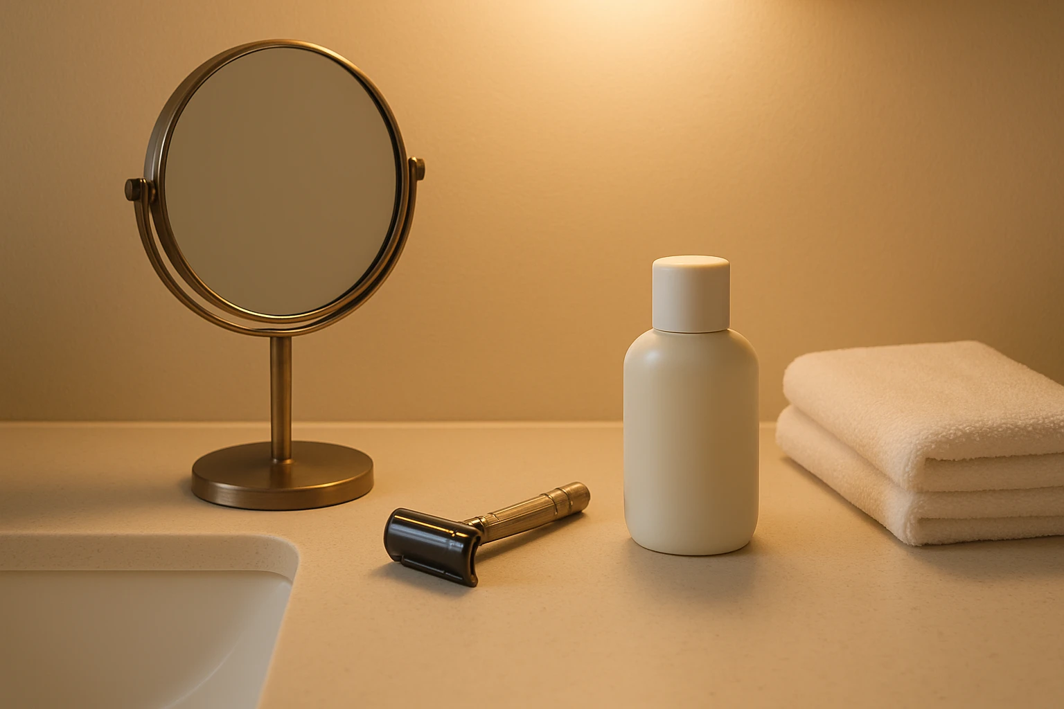 Bathroom sink with razor, small mirror, and aftershave balm arranged neatly under vanity light