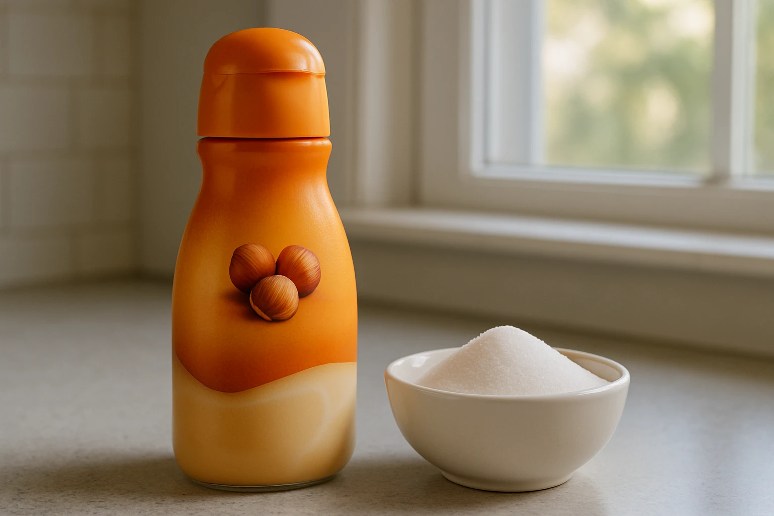 Hazelnut liquid creamer bottle next to a bowl of white sugar on a kitchen counter in natural light