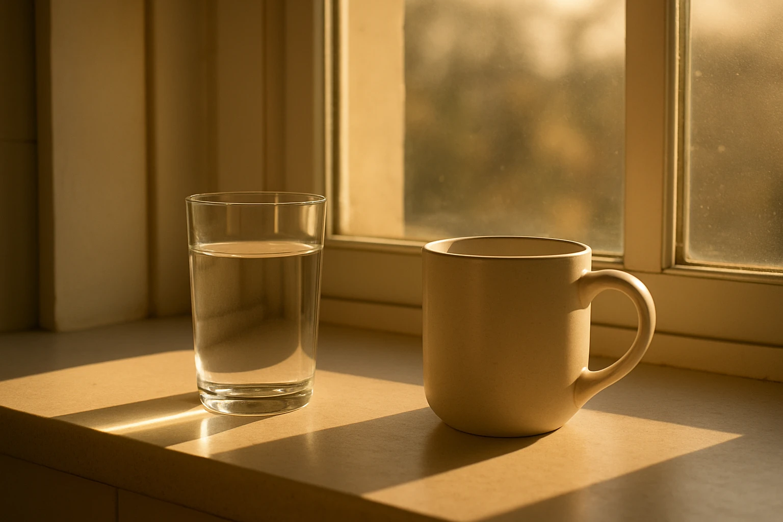 A glass of water and a full coffee mug sitting side by side on a sunlit kitchen windowsill in early morning light