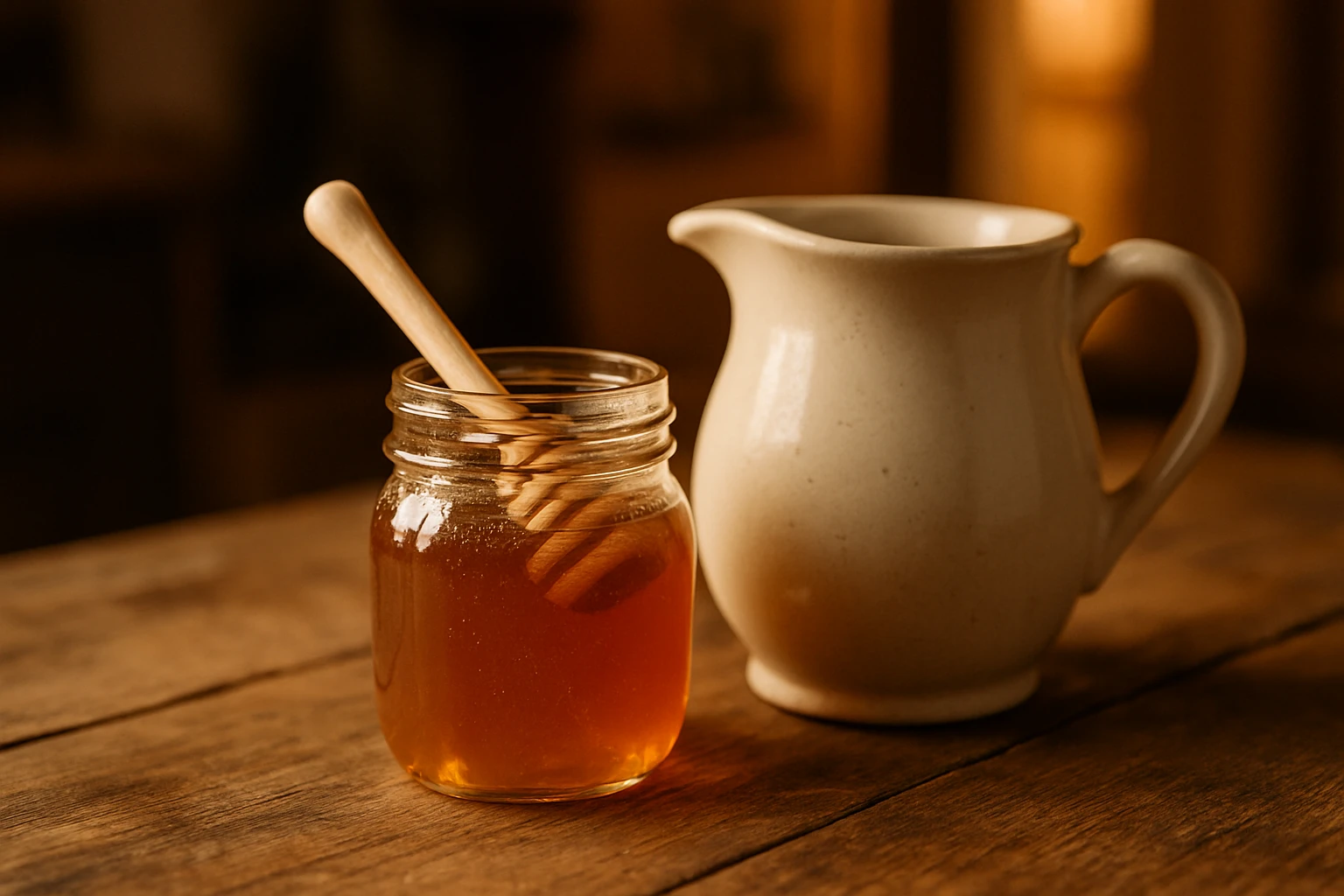 Jar of raw local honey with wooden dipper and small ceramic cream pitcher on a warm-lit wooden kitchen surface