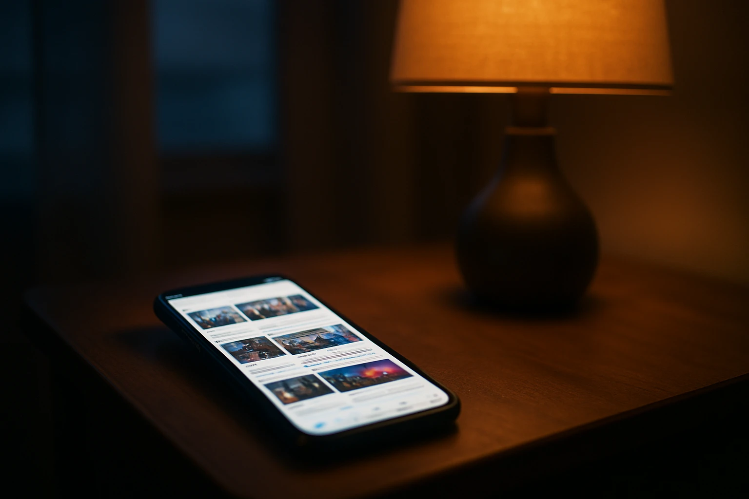 A smartphone glowing with a busy news feed on a nightstand, lit by soft evening lamp light.