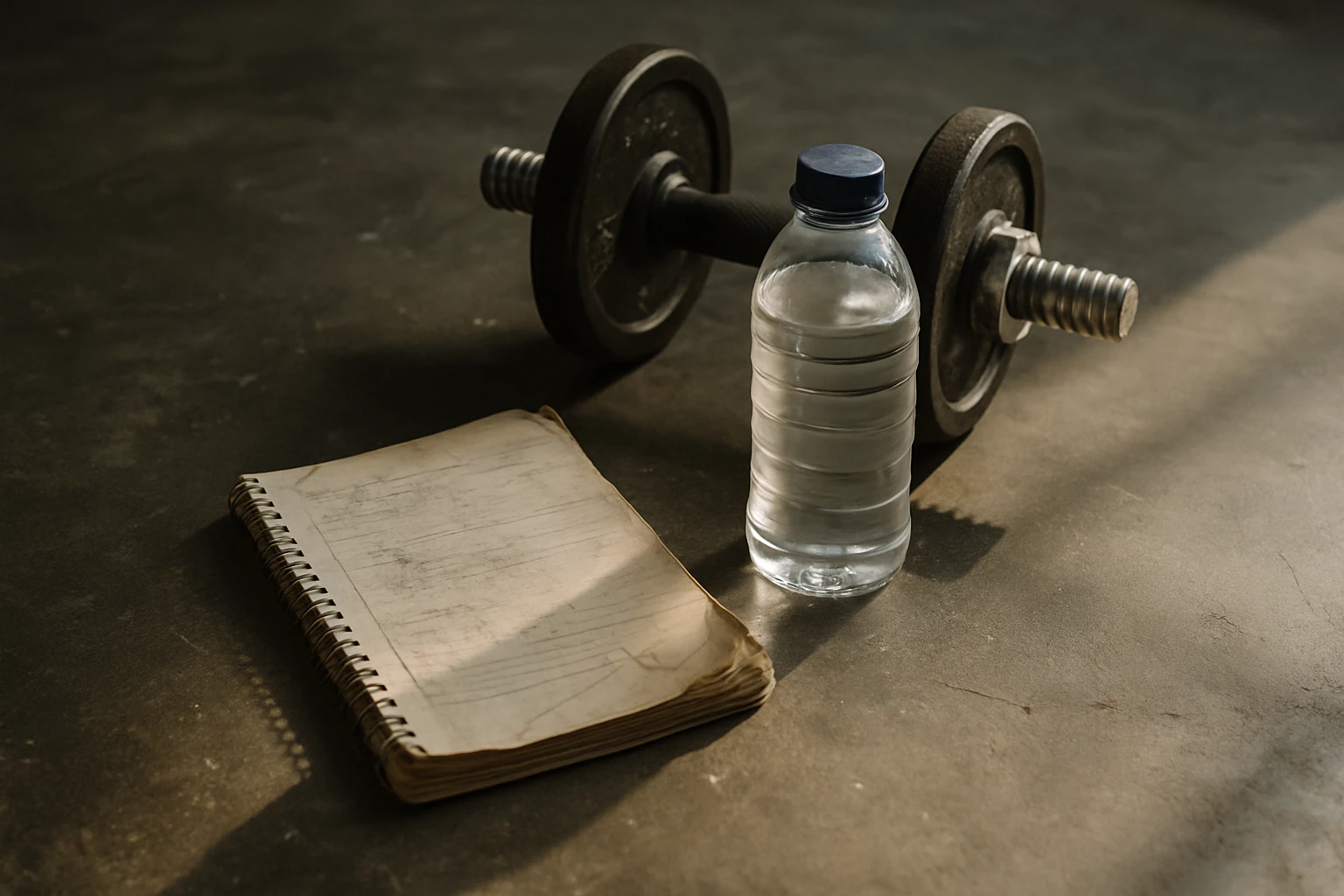 A worn workout notebook, water bottle, and dumbbell resting on a concrete gym floor.