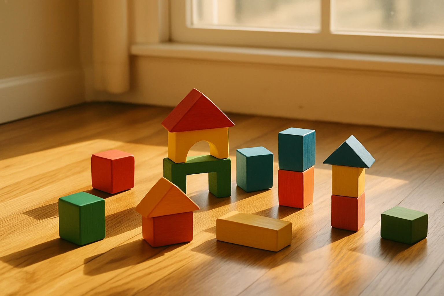 Colorful wooden building blocks scattered on a hardwood floor in warm natural window light.
