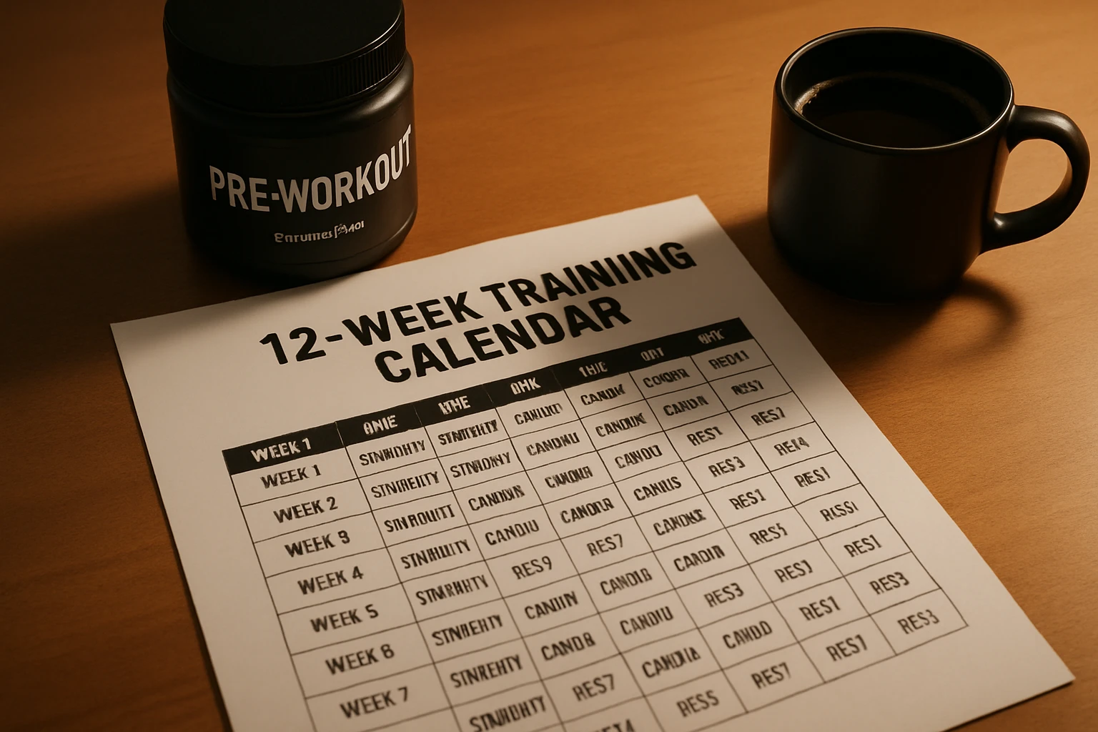 Printed training calendar on a desk next to a supplement tub and a shaker cup in warm indoor light