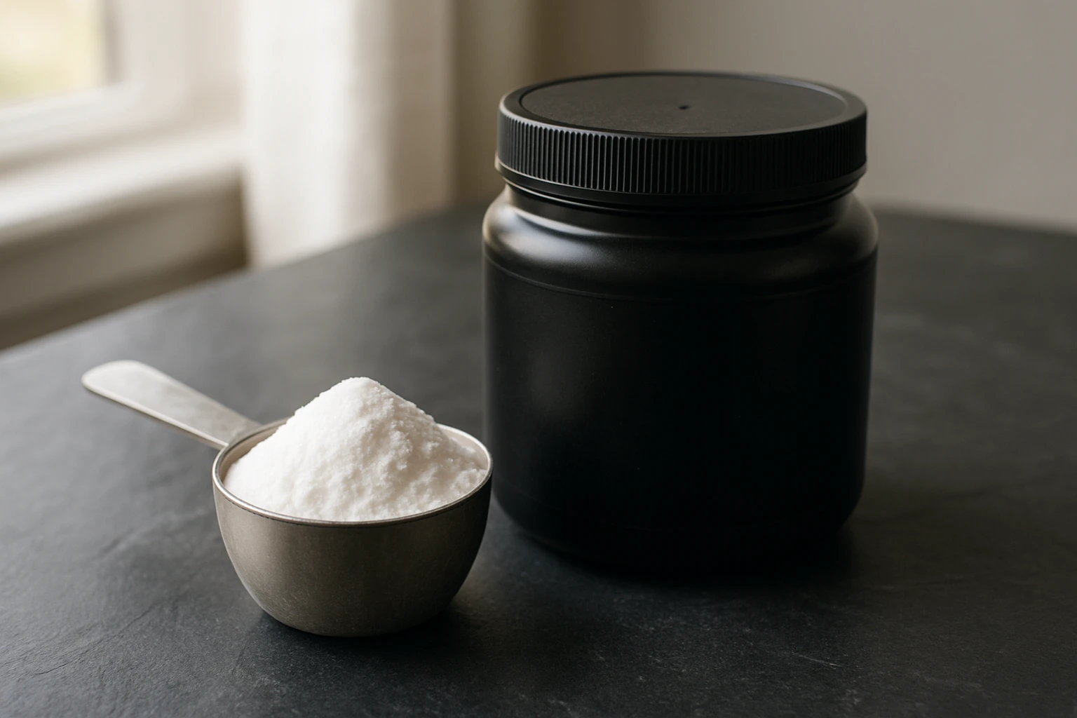 Fine white micronized creatine powder in a clear bowl with a metal scoop on dark slate surface