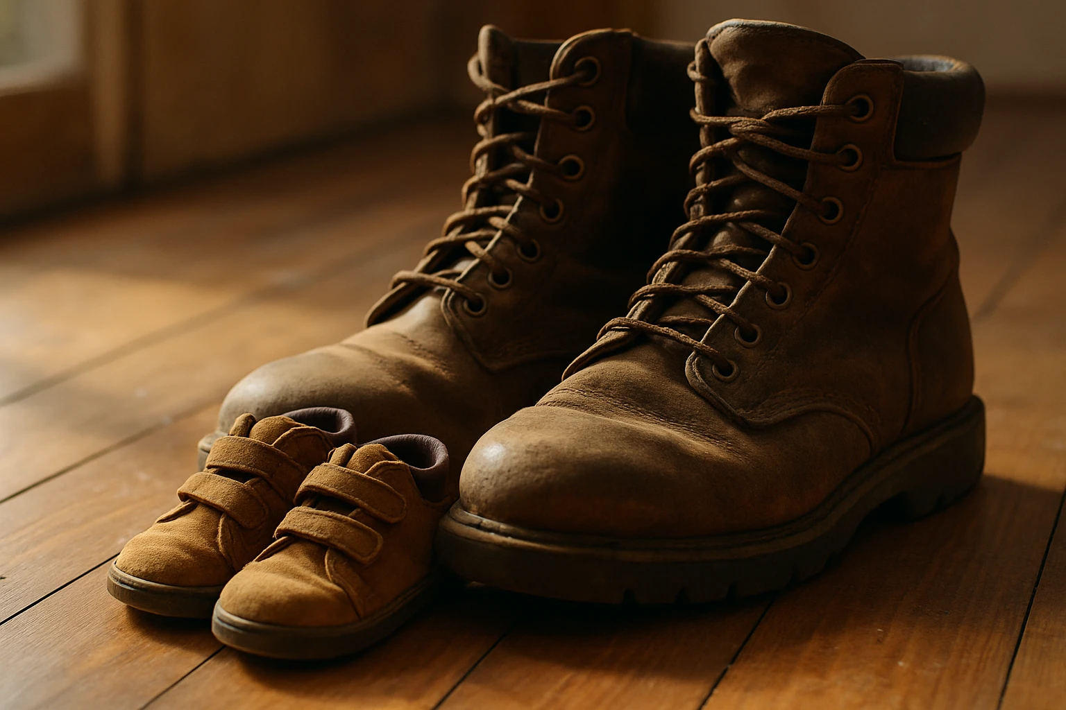 A pair of small children's shoes beside large worn work boots on a hardwood floor