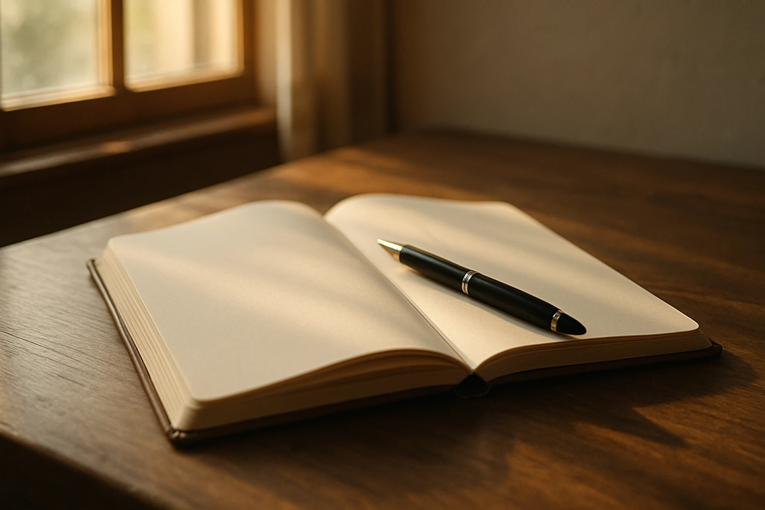 An open journal with a pen resting on a blank page on a wooden table in morning light