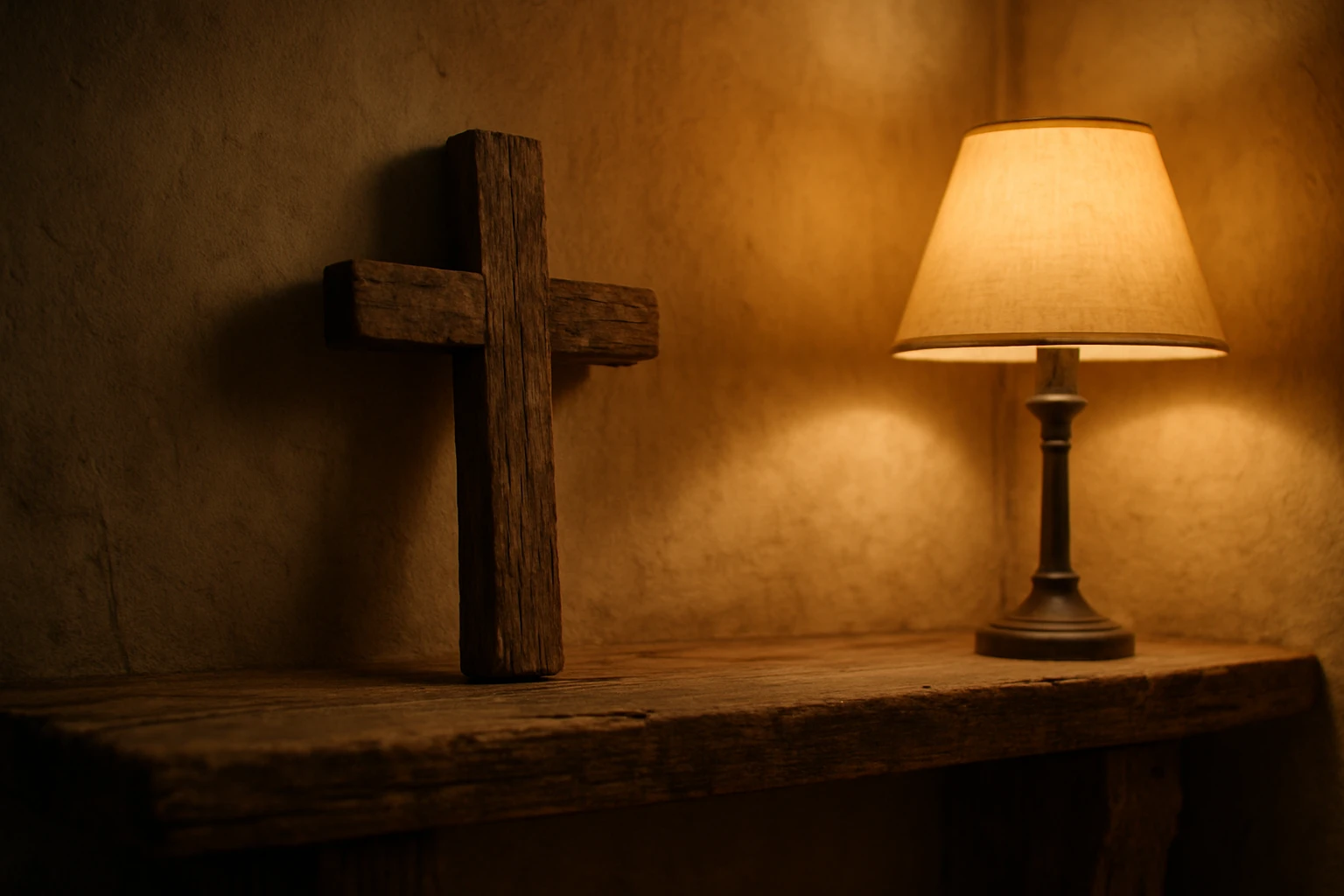 A weathered wooden cross sitting on a rustic wooden shelf lit by warm lamplight