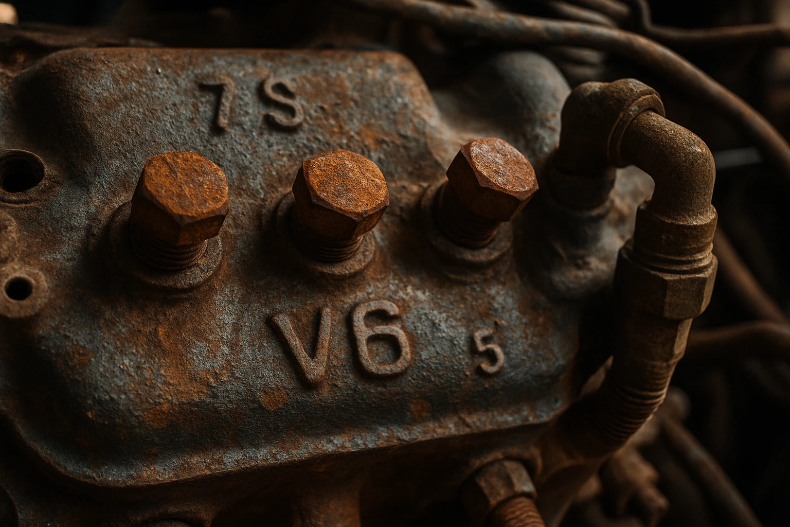 Rusted engine bolts and corroded fittings on an old American car engine block in a garage