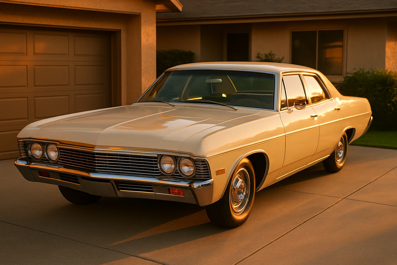 Freshly restored vintage American sedan parked in a driveway at golden hour, paint gleaming in warm sunset light