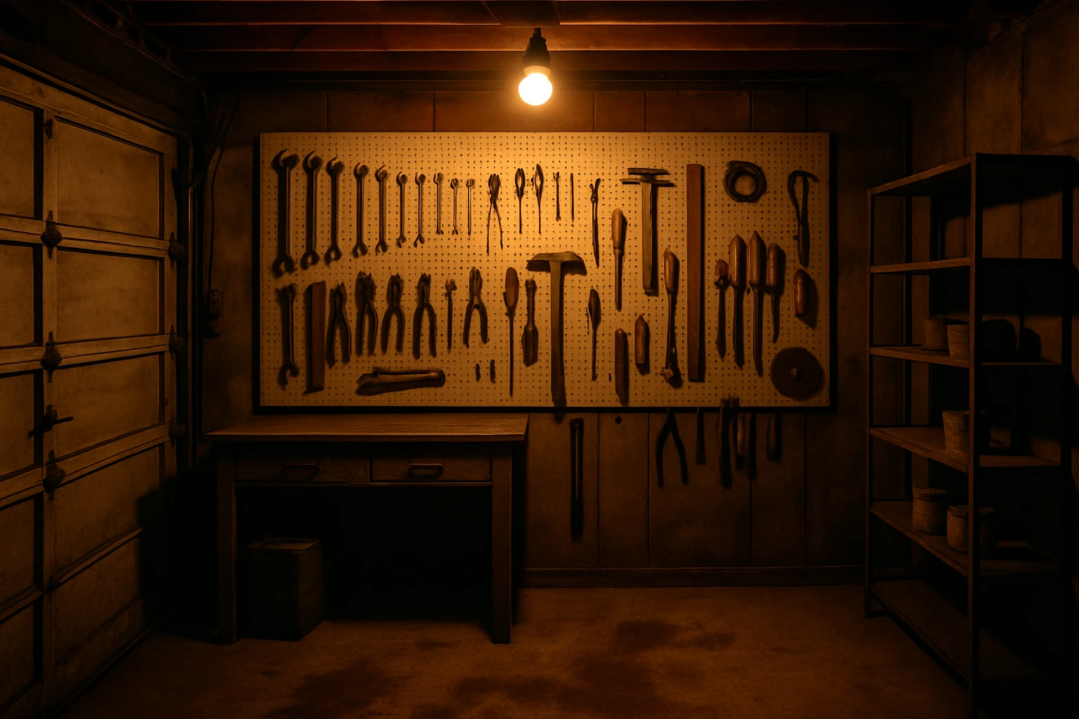 Oil-stained garage floor with pegboard tool wall, hand tools organized by size, warm overhead light
