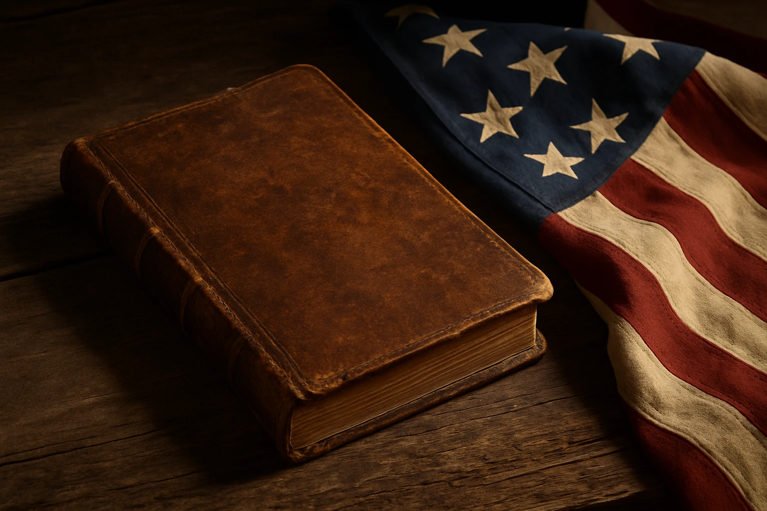 Worn copy of the Declaration of Independence on a wooden table with a folded American flag beside it