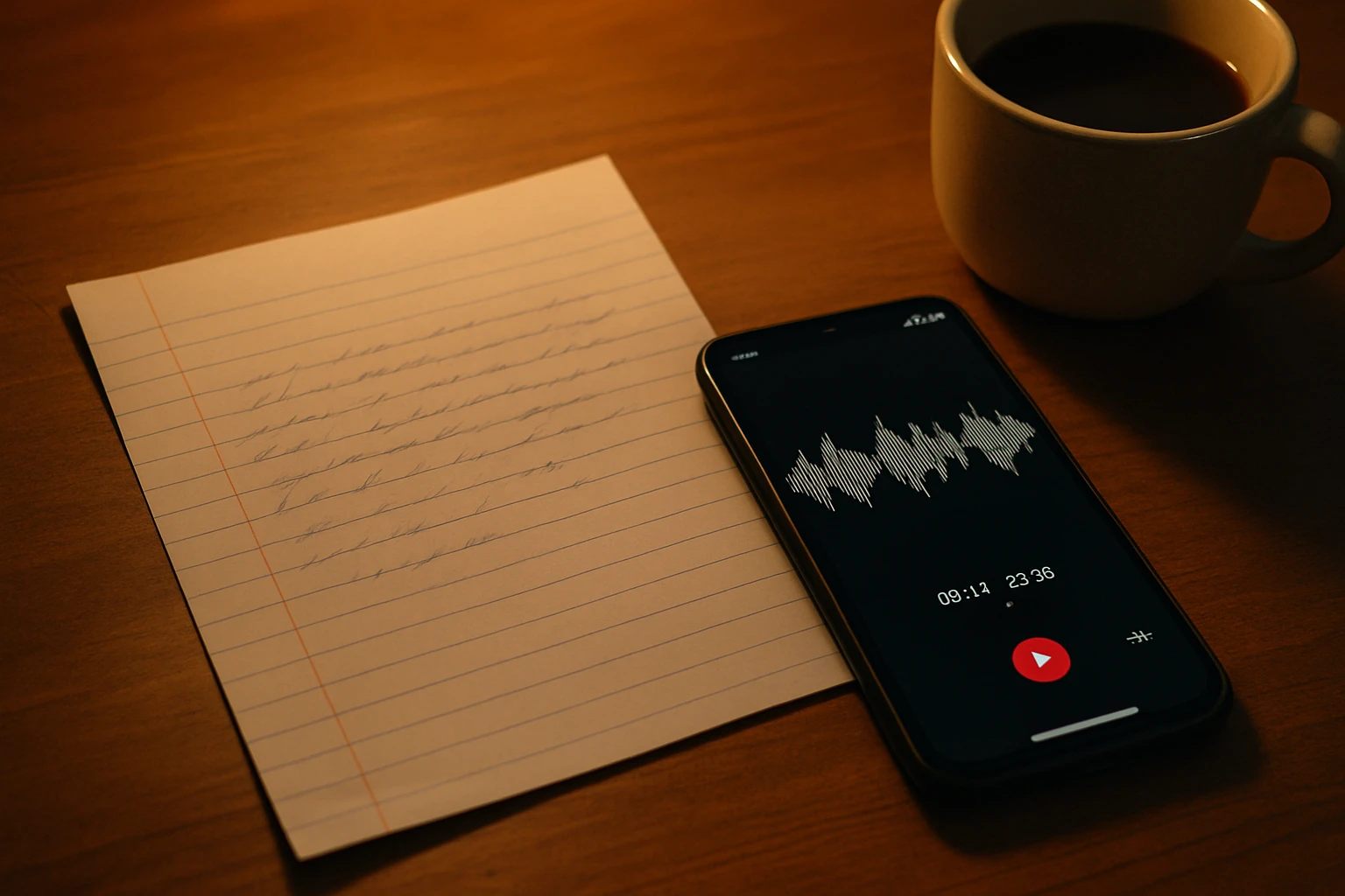 Handwritten note and smartphone showing a voice memo waveform on a kitchen table with a coffee cup