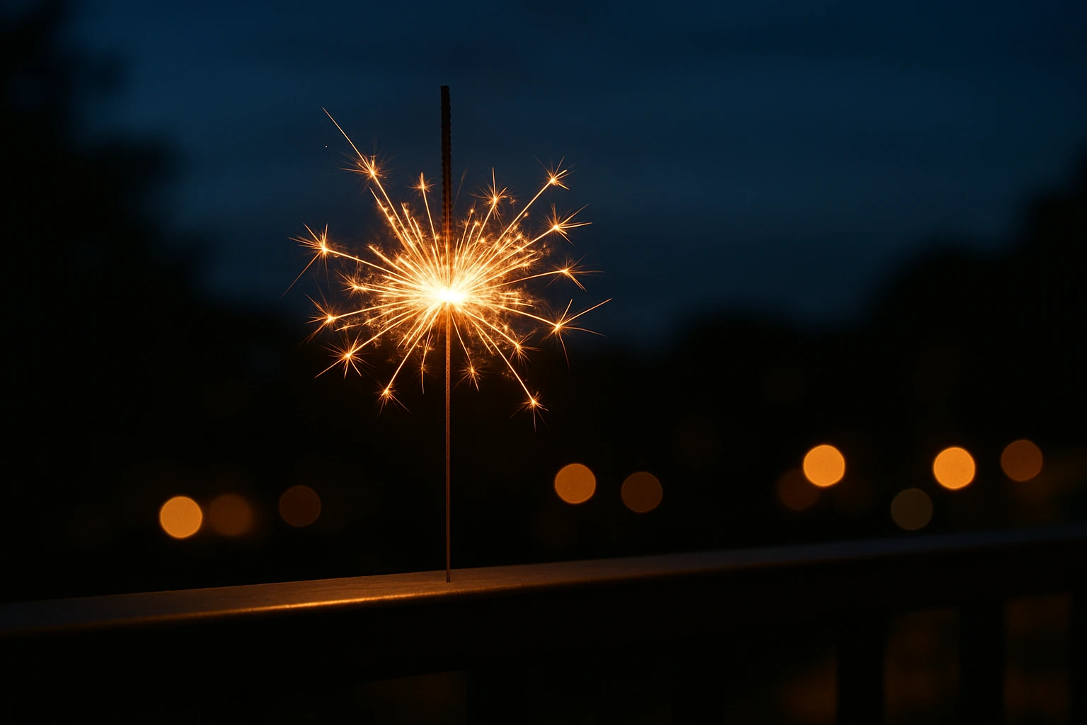 A single sparkler burning on a patio railing against a deep blue evening sky with bokeh lights in background