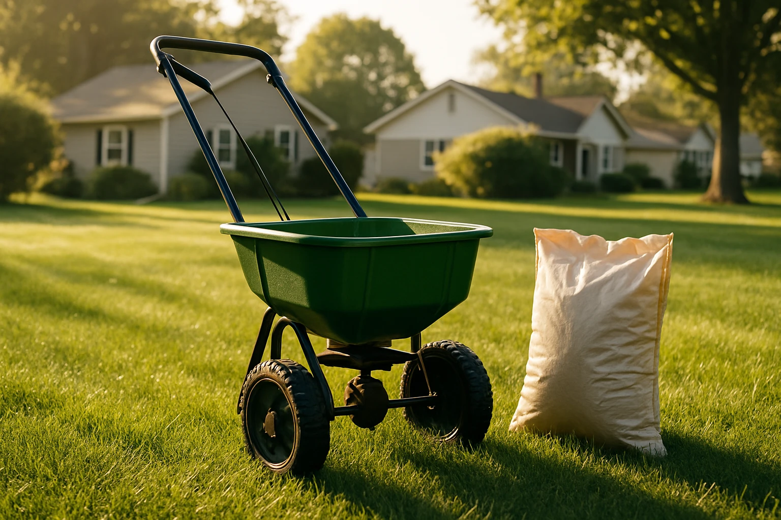 Broadcast spreader sitting on a lawn next to a bag of granular pre-emergent herbicide on a sunny morning