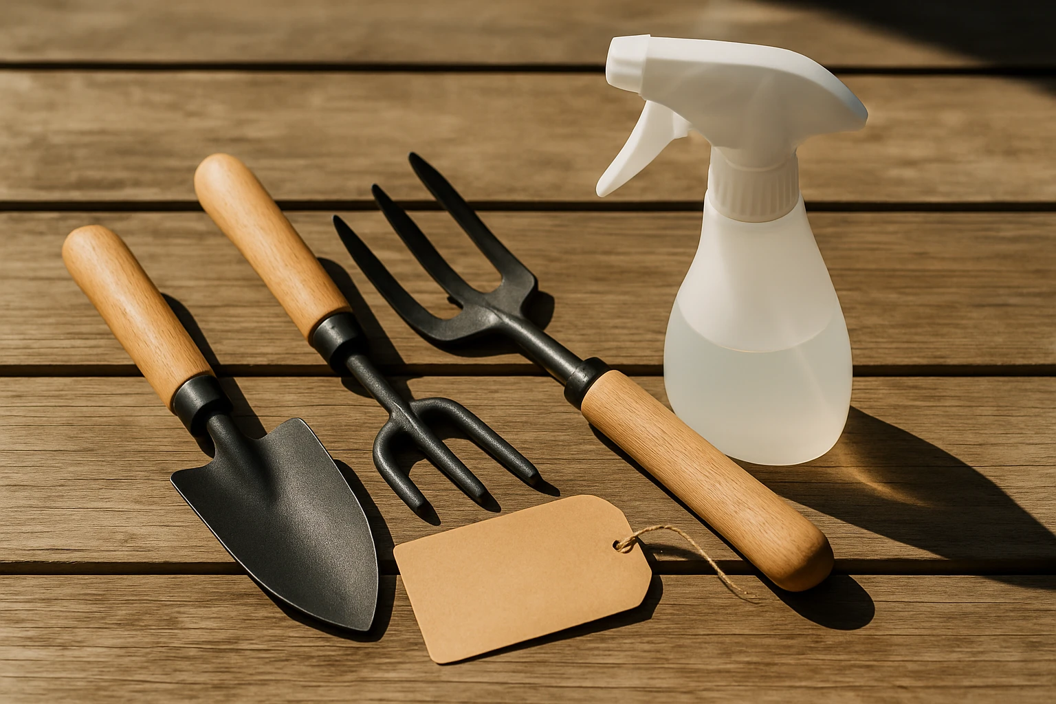 Hand weeder, small spray bottle, and open herbicide label laid out on a wooden deck in natural light