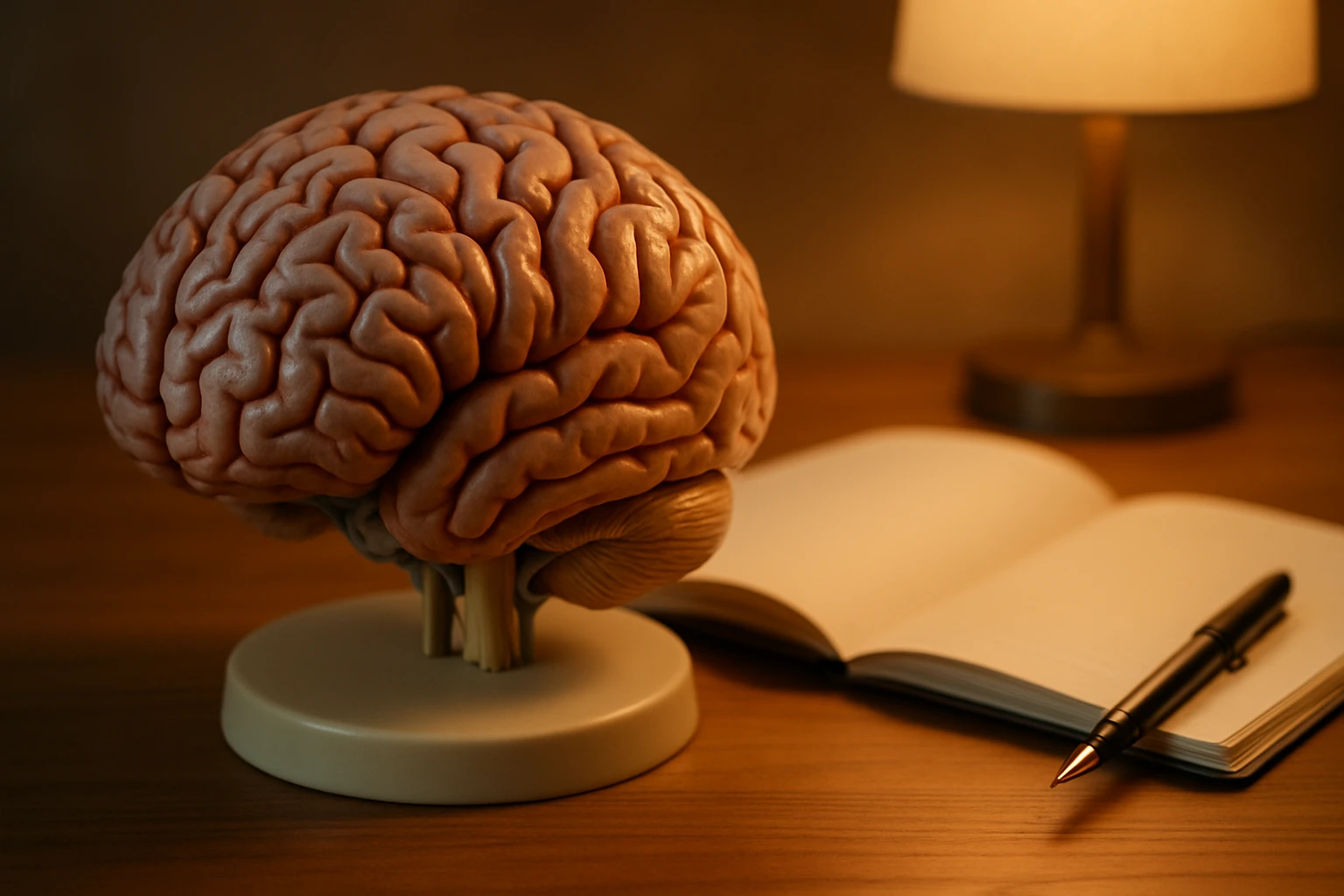 Anatomical brain model on a wooden desk beside an open notebook, lit by warm lamp light.