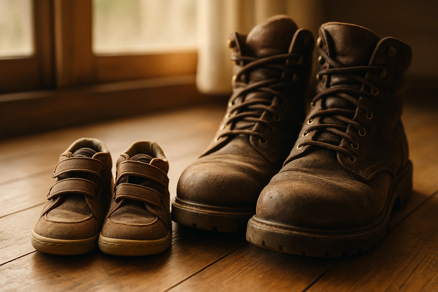 Small children's shoes beside large work boots on a wooden floor in warm natural light.