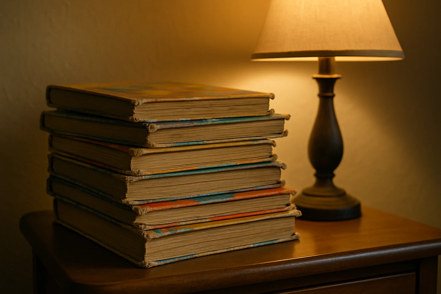 Stack of worn children's books on a nightstand lit by a warm bedside lamp.