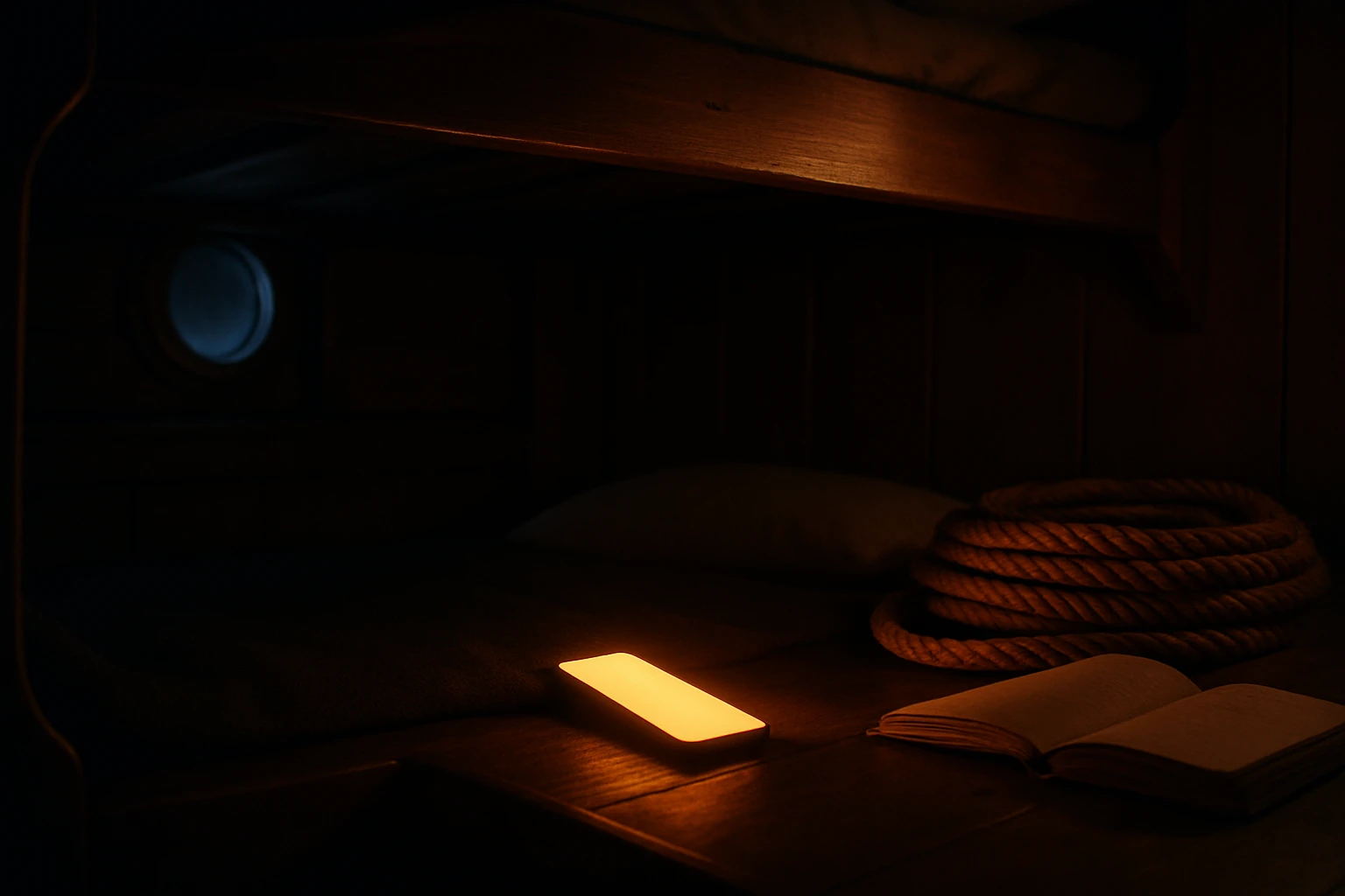 A phone glows on a bunk in a dim ship cabin, a logbook and coiled rope nearby.