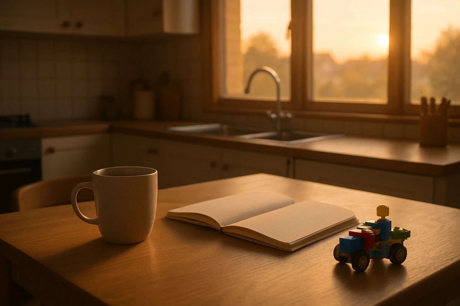 A coffee mug and open notebook sit on a kitchen table beside a child's toy at dawn.