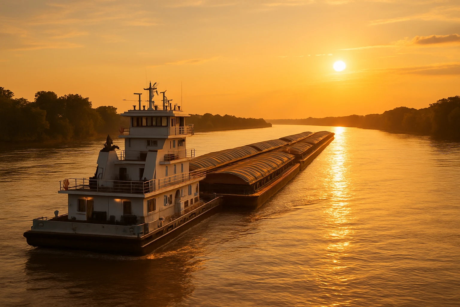 A lonely towboat pushing up river at the golden hour
