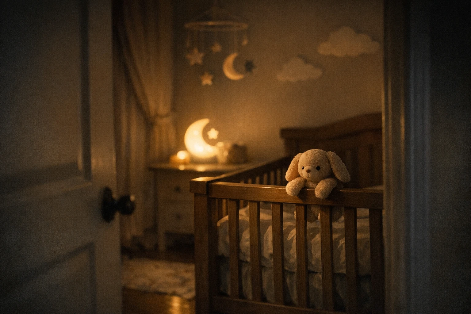 A softly lit nursery doorway at night with a small nightlight glowing near a crib