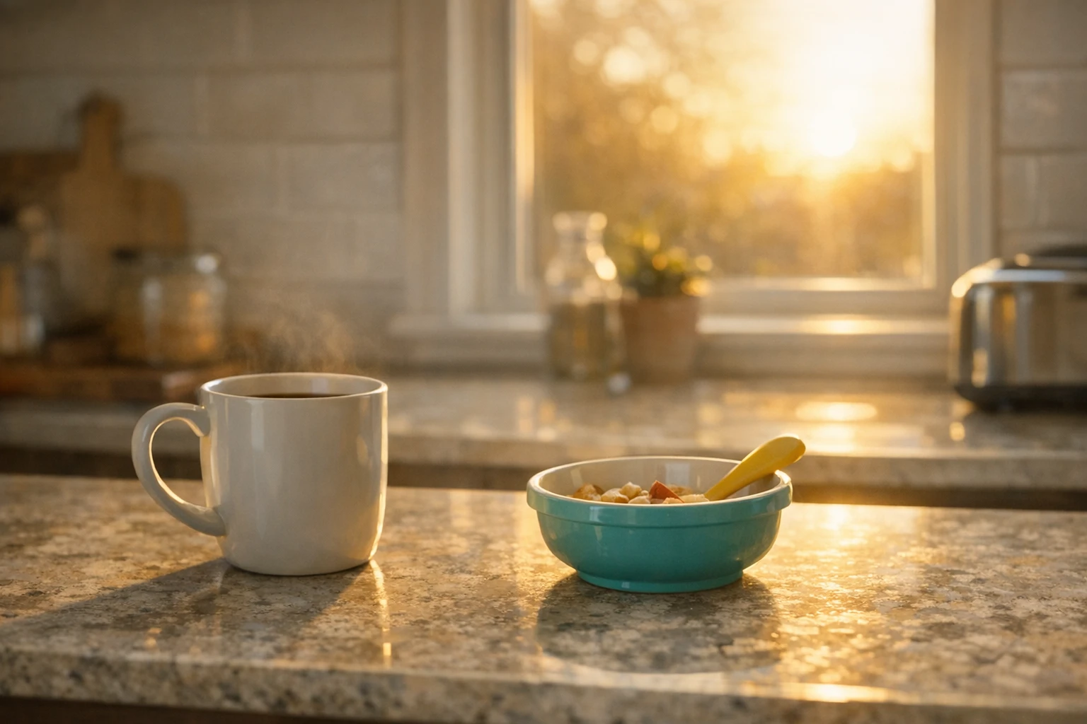 A kitchen counter at sunrise with a coffee mug and a child's breakfast bowl