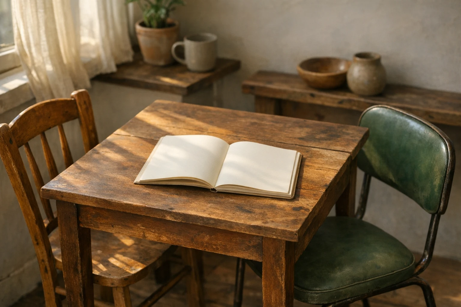 A small wooden kitchen table with two chairs and an open notebook in morning light