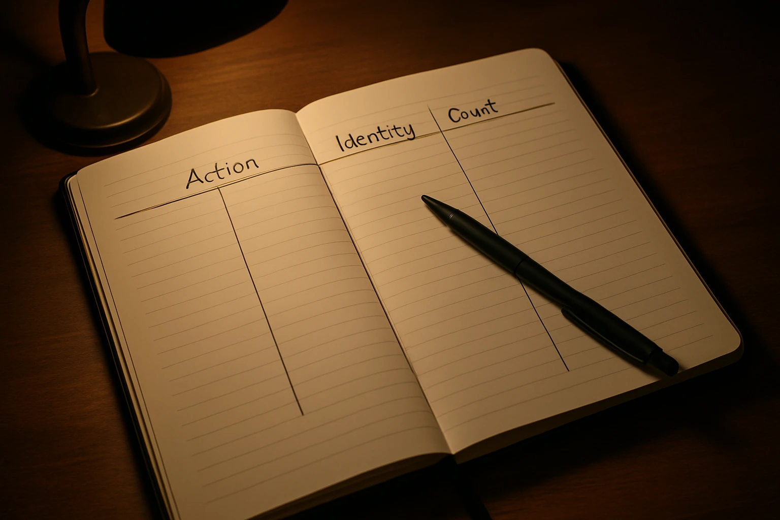 Open notebook with three ruled tracking columns and a pen on a wooden desk