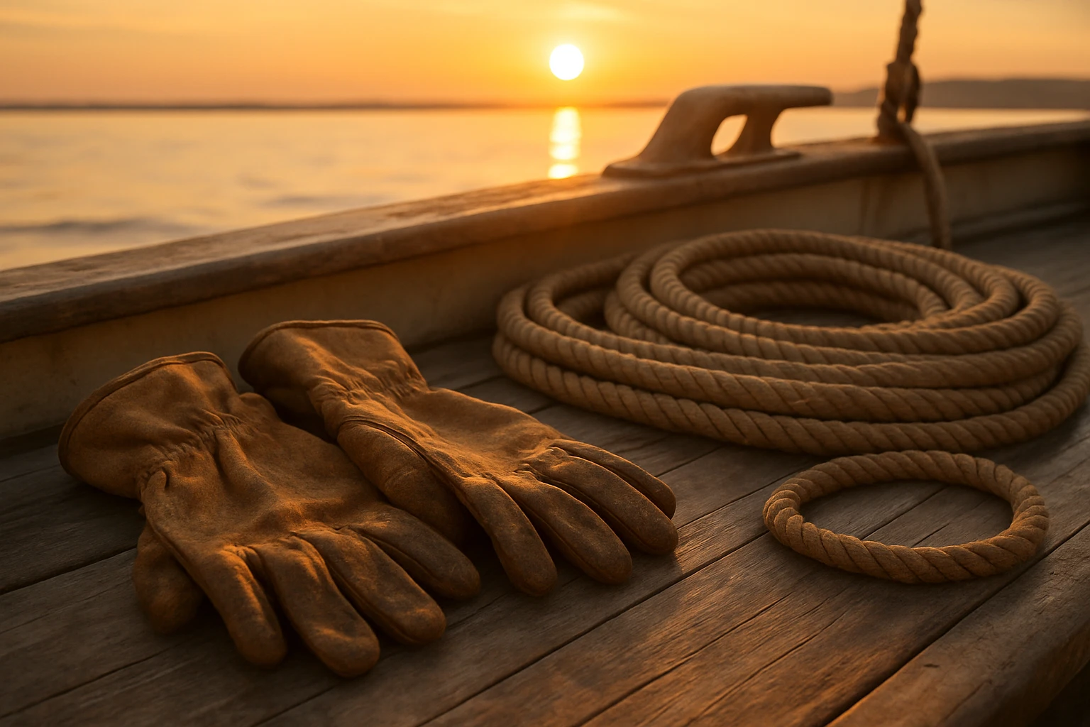 Worn work gloves and coiled rope resting on a boat deck at sunrise