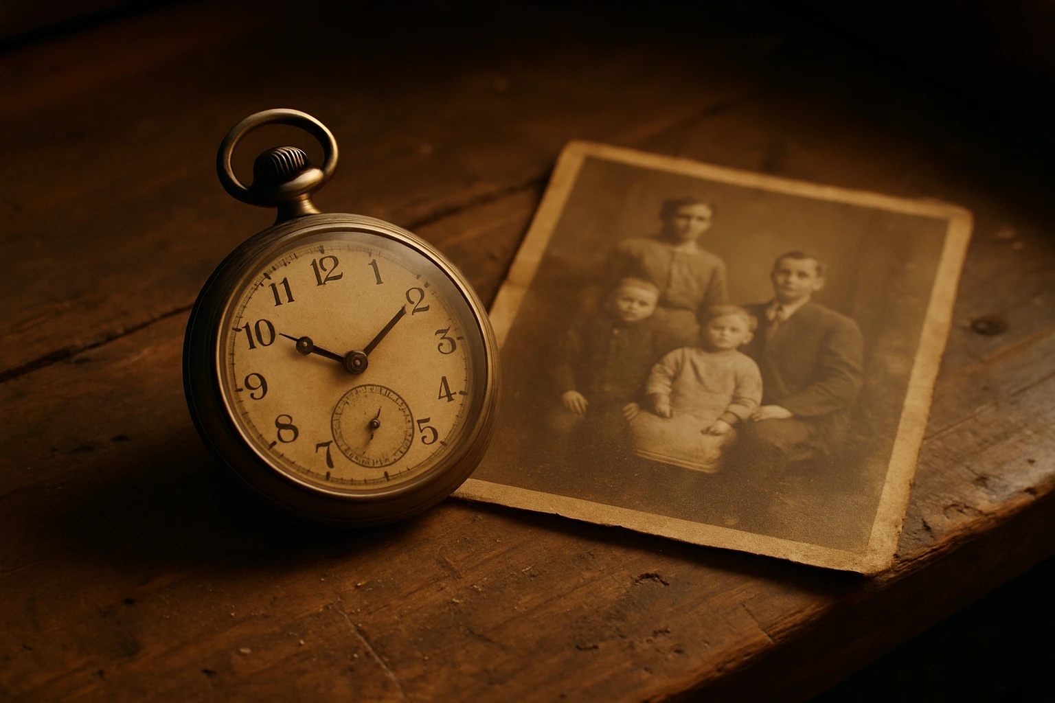 An antique pocket watch beside a faded photograph on a wooden workbench