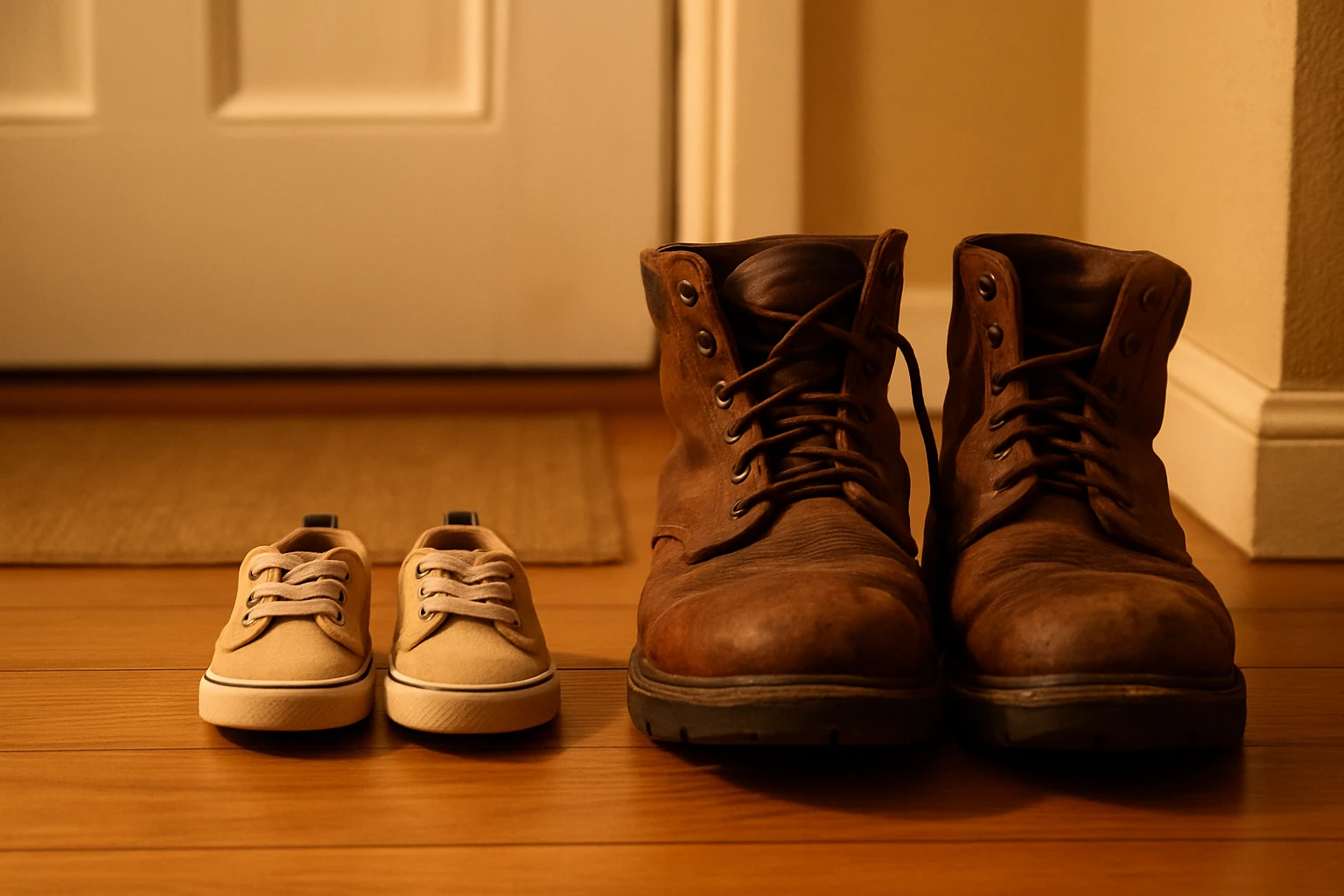 Small toddler shoes set beside worn work boots near a front door