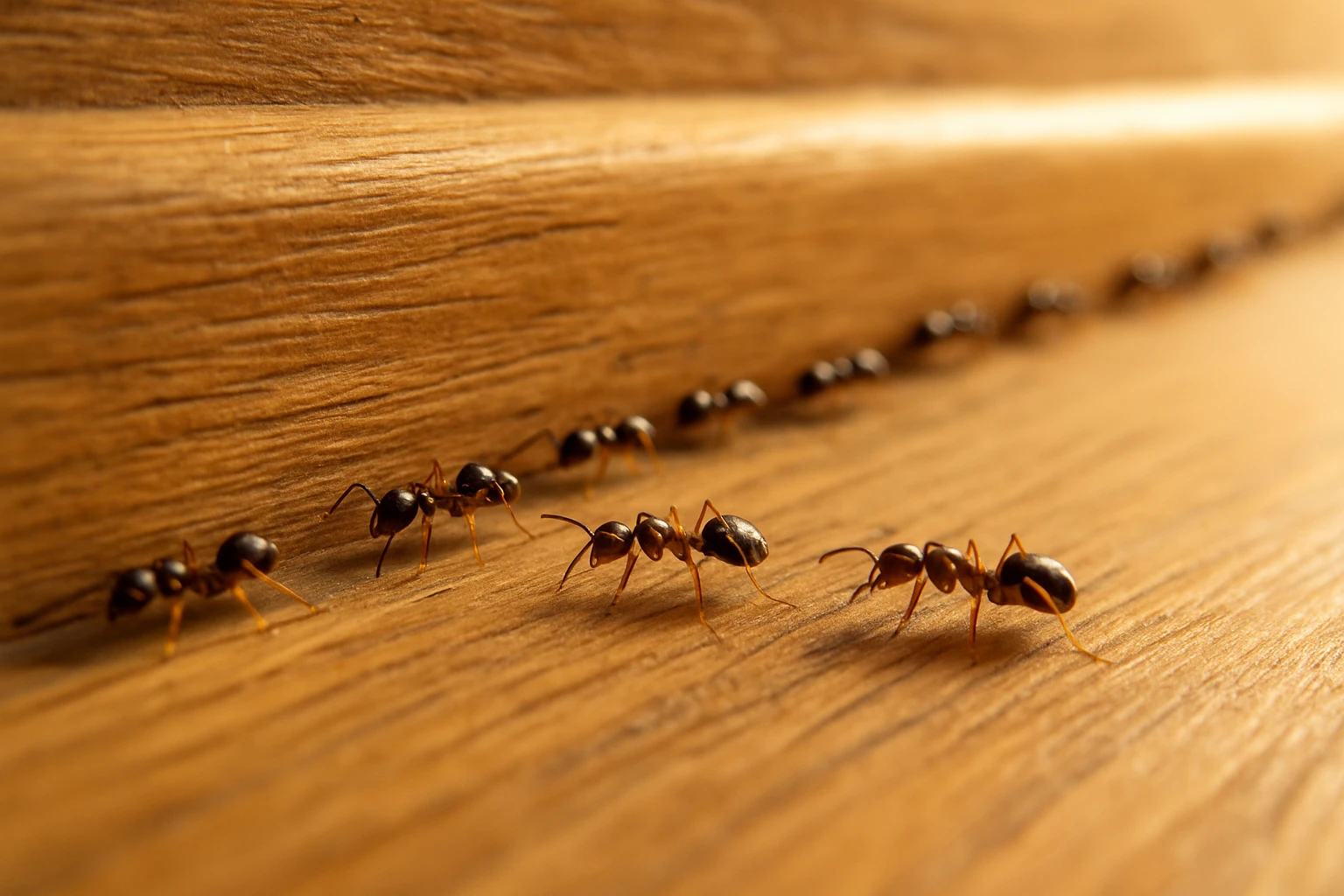 A trail of small ants moving along a wooden baseboard in a home