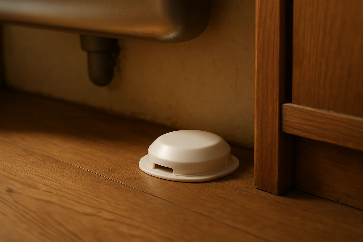 An enclosed ant bait station tucked behind a kitchen sink cabinet