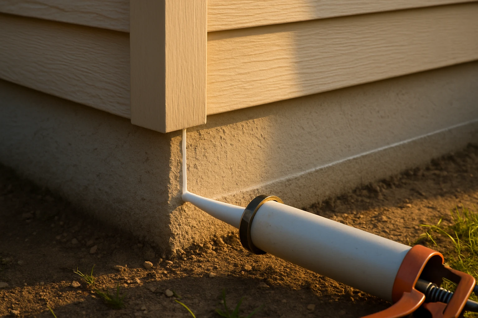 A caulked seam along the exterior foundation corner of a house