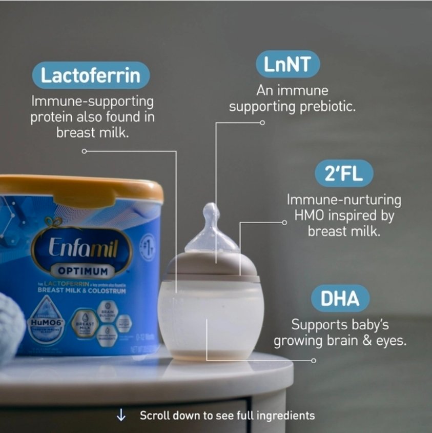Three Enfamil Optimum formula canisters stored on a pantry shelf under warm lighting