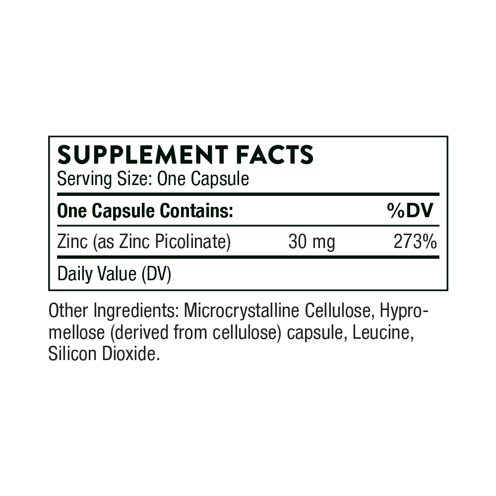 Thorne Zinc Picolinate bottle beside an NSF Certified for Sport reference card on a white surface