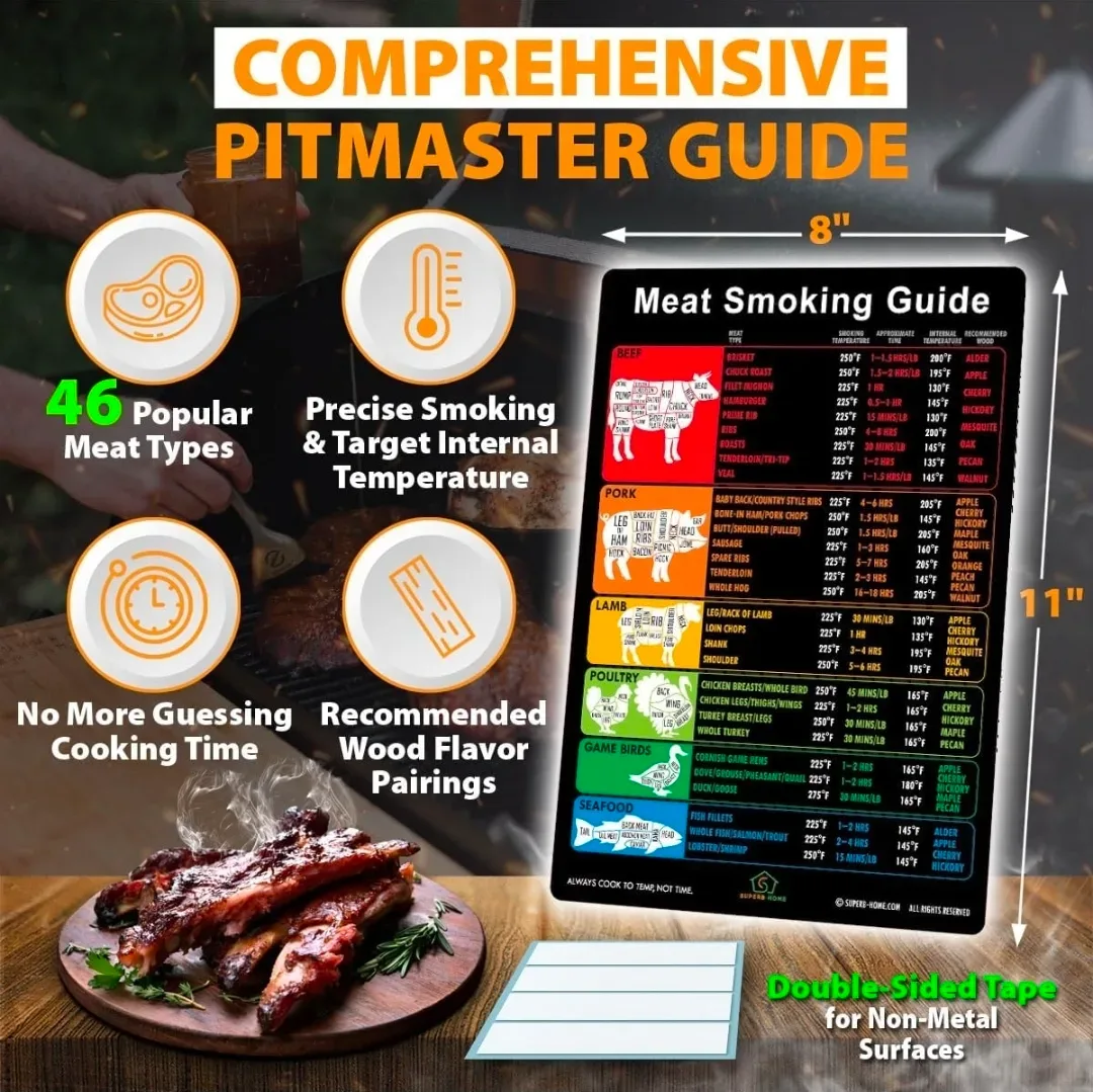 Superb meat smoking magnet laid flat beside wood smoking chunks and a digital thermometer on a wooden surface.