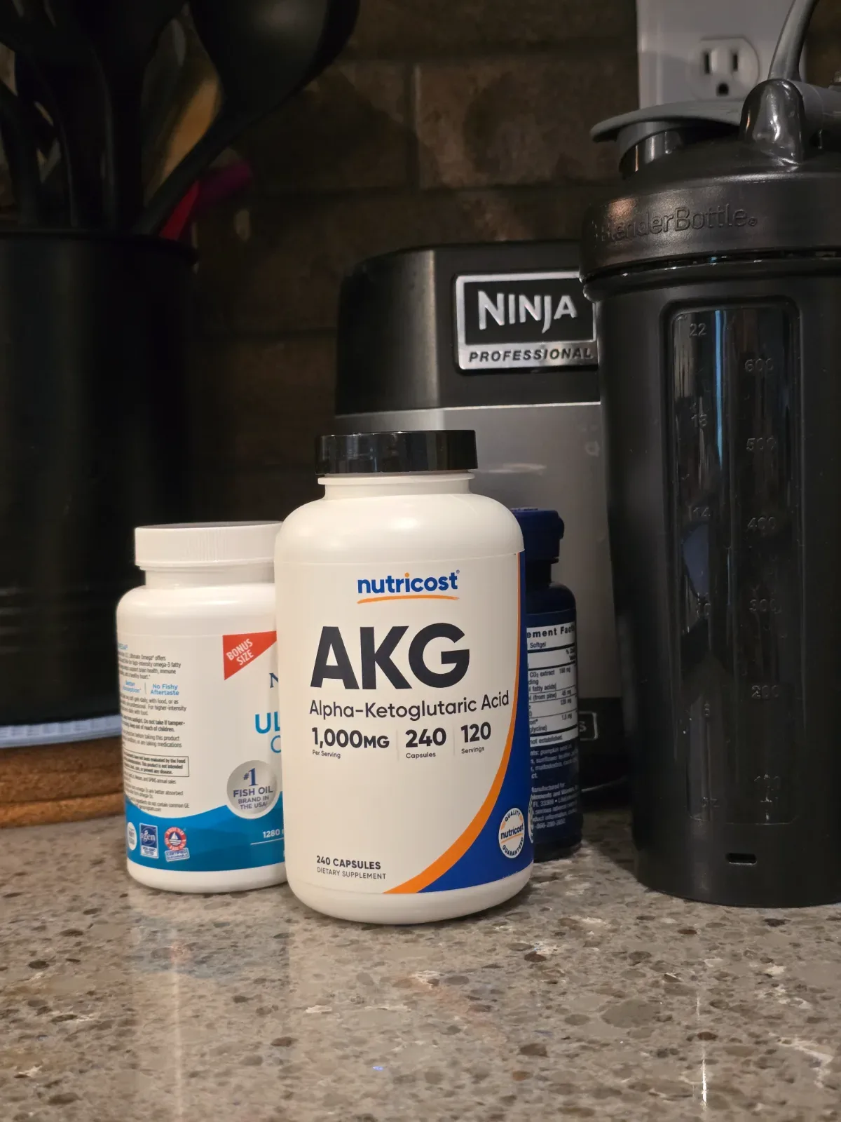 Plain white supplement bottle on a countertop with a small price tag, warm ambient lighting