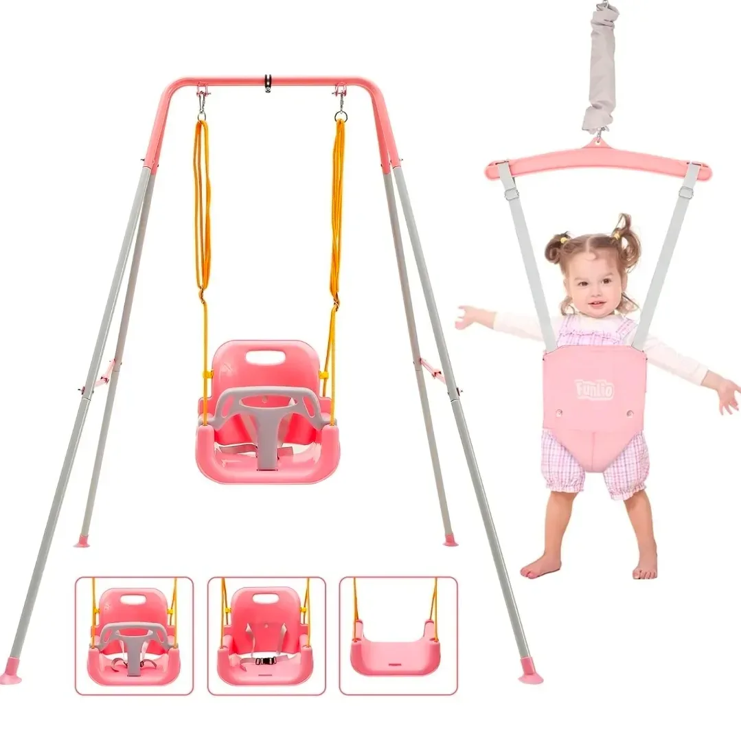 The Funlio baby jumper sling seat hanging from the steel frame showing the harness and bungee setup.
