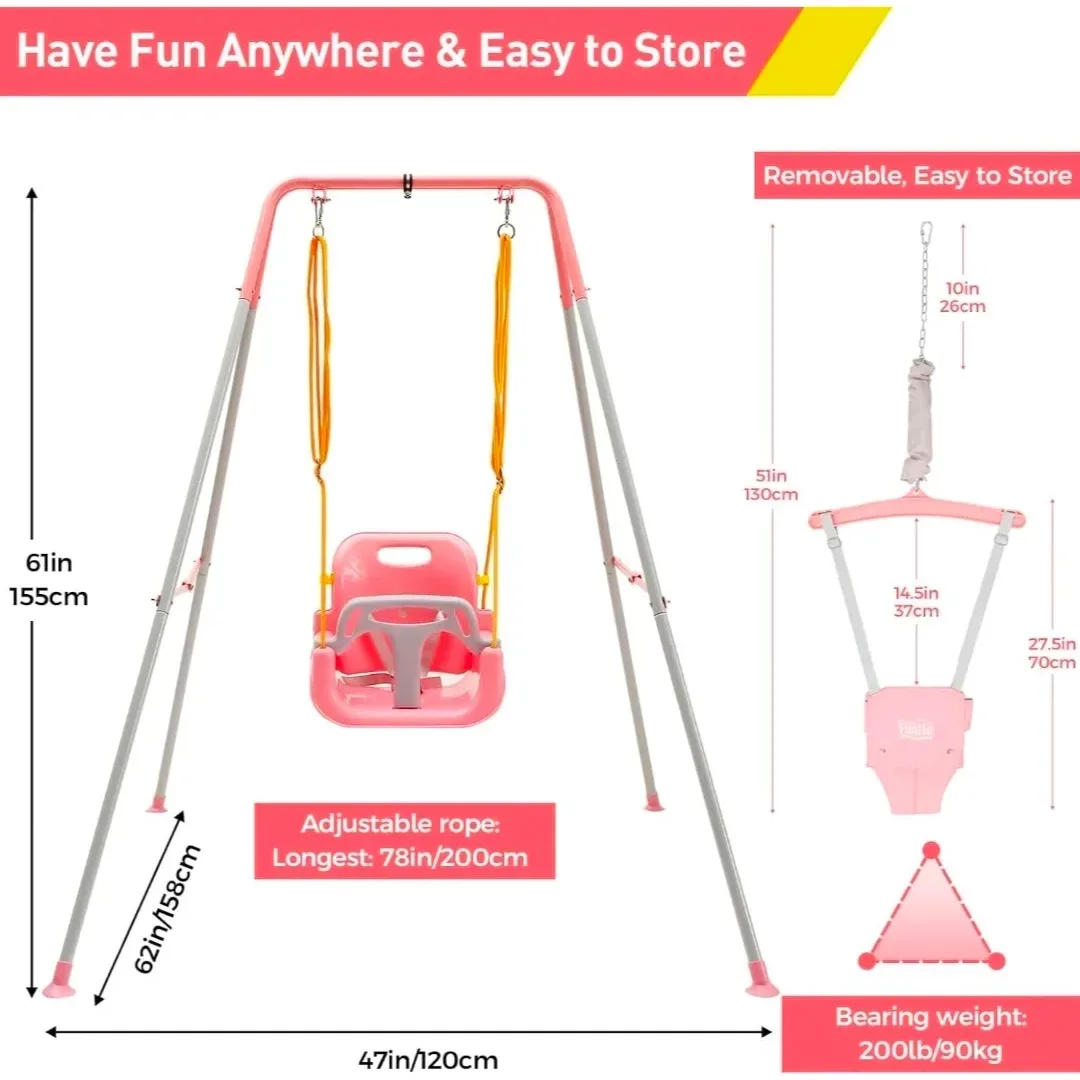 Fully assembled Funlio 2-in-1 swing set showing the full 62-inch wide footprint in a home interior.