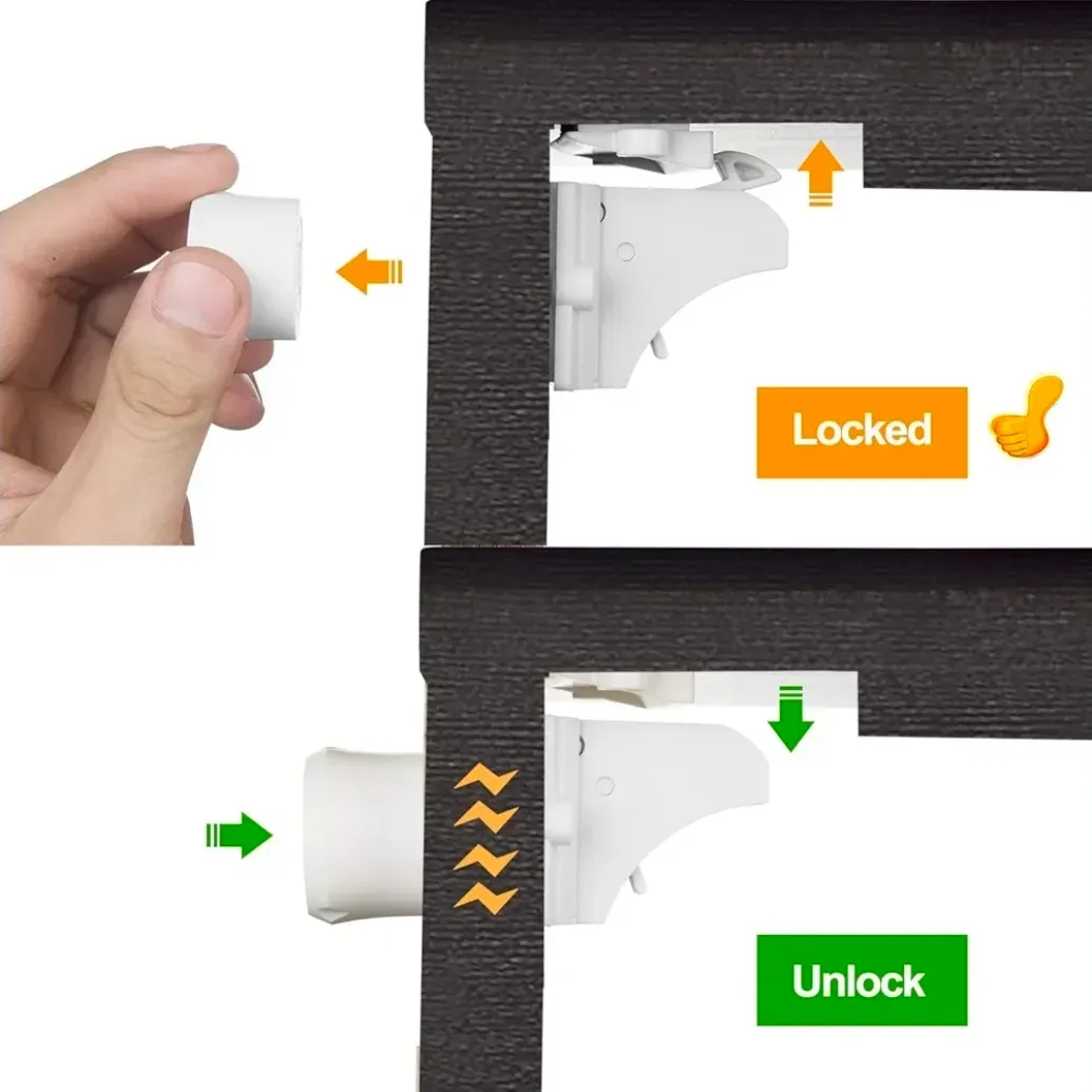 Flat lay of Vmaisi magnetic cabinet lock package contents including locks, magnetic key, adhesive mounts, and screws