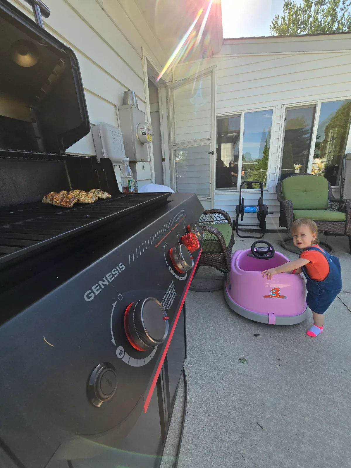 Weber Genesis E-330 Stealth loaded with food on a backyard patio in warm evening light