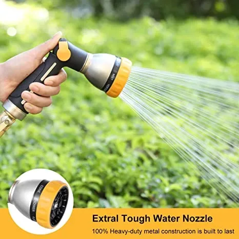 FANHAO garden hose nozzle showing zinc alloy body, rubber spray dial, and brass threaded connection up close