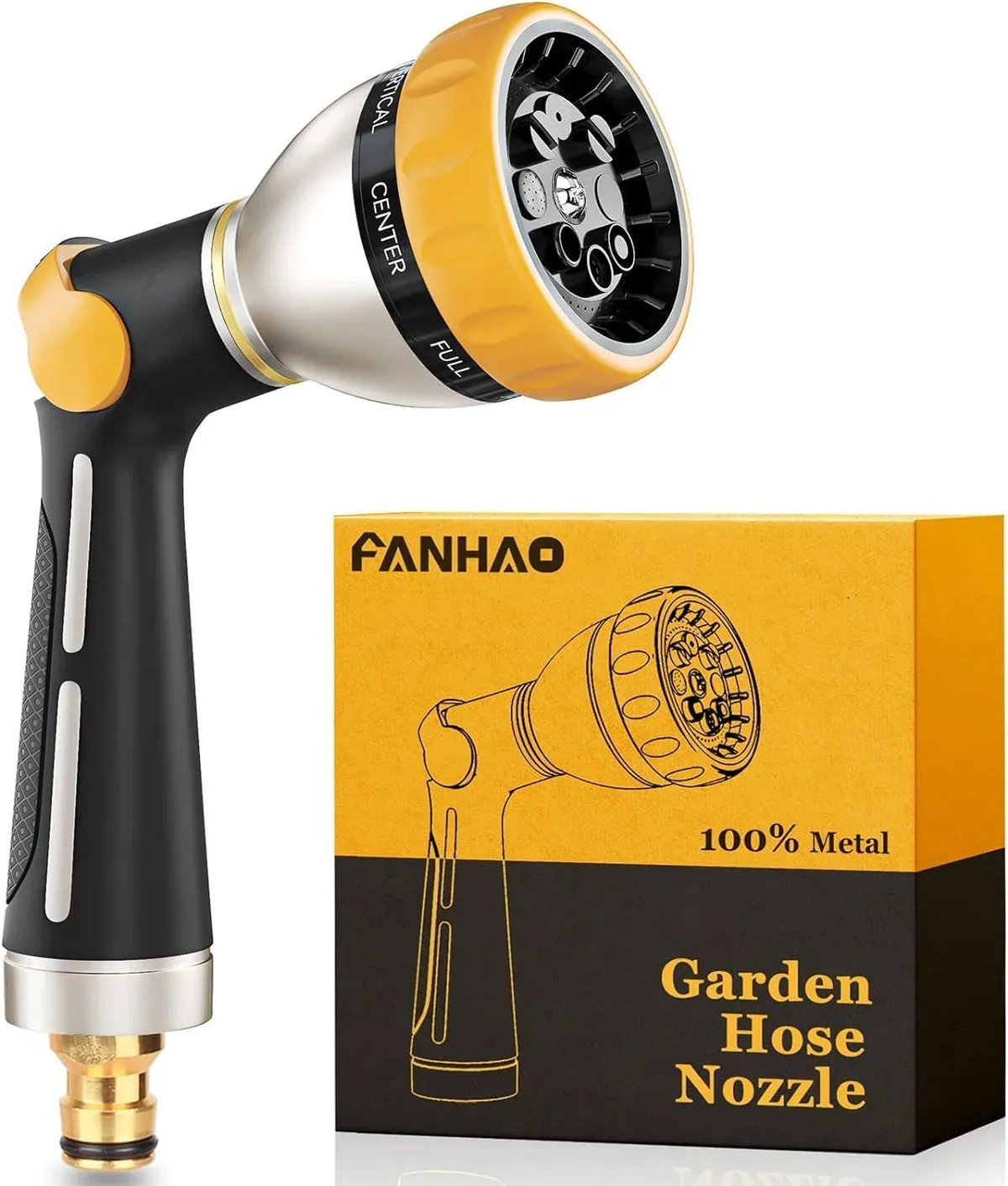 Two FANHAO garden hose nozzles placed side by side on a wooden deck in natural daylight