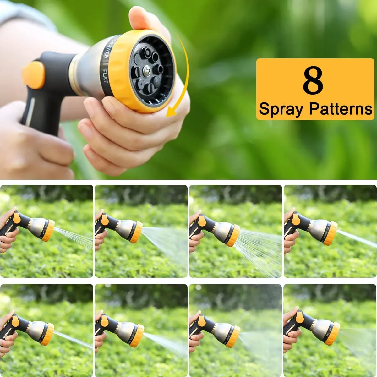 FANHAO nozzle spraying a mist pattern over a green garden bed in warm afternoon light