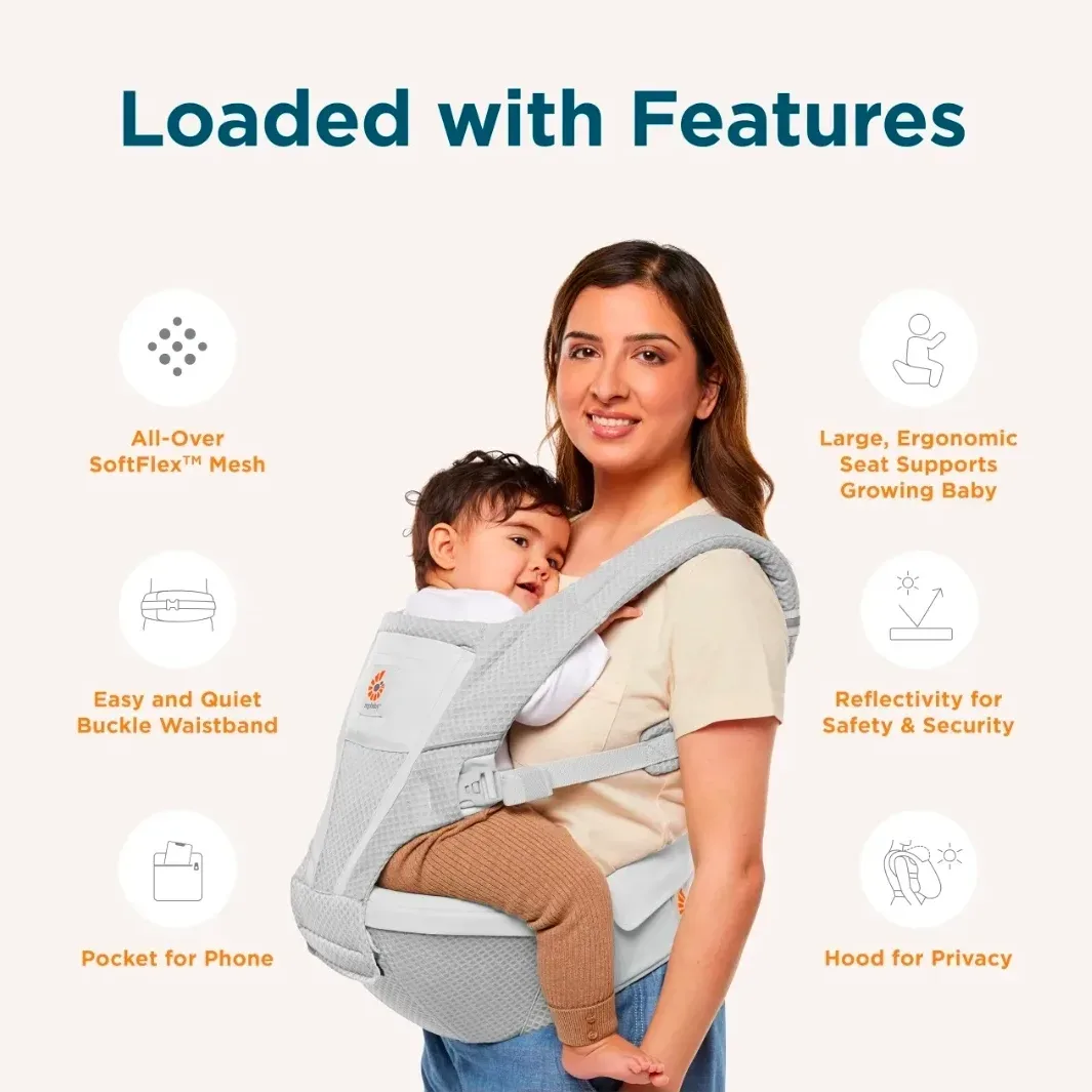 Ergobaby Alta carrier with removable EPP foam seat core separated and displayed beside the carrier body